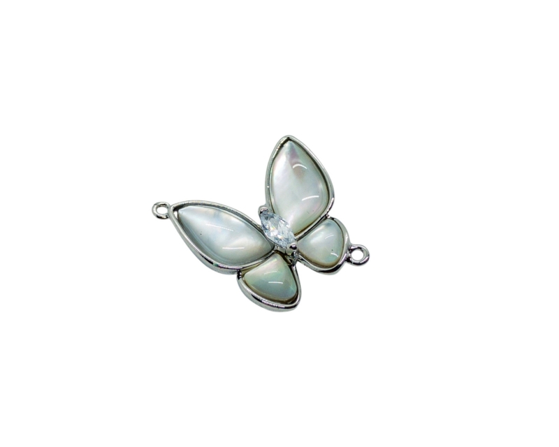 Коннектор бабочка с натуральным перламутром и фианитом ; цвет серебро, размер 17мм